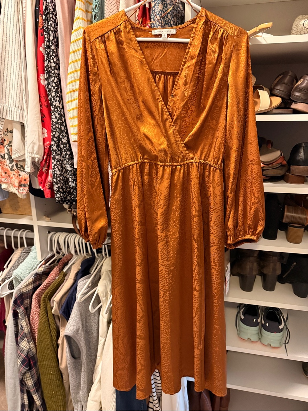 Sandra Darren Satin Faux Wrap Midi Dress in Rust Orange